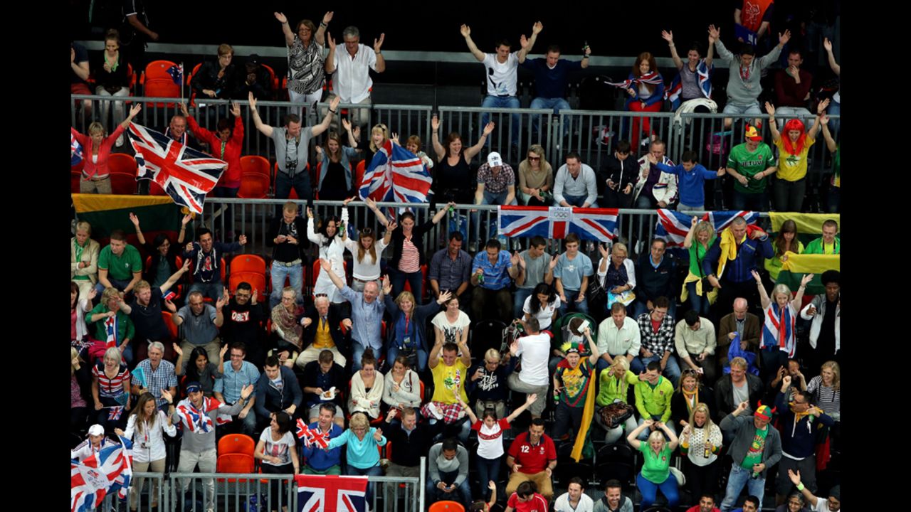 Fans of Great Britain cheer during the men's basketball game against Russia.