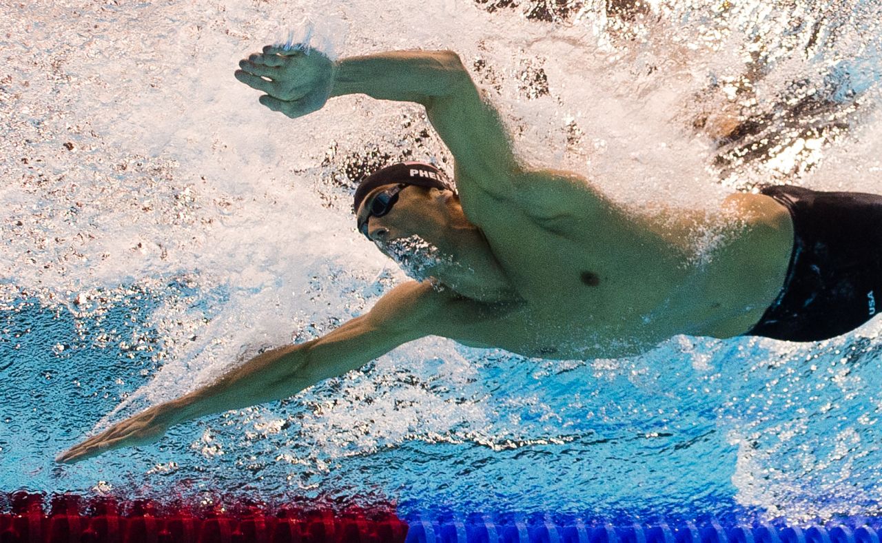 A picture taken with an underwater camera of U.S. swimmer Michael Phelps as he competes in the men's 200-meter butterfly semifinal swimming event.