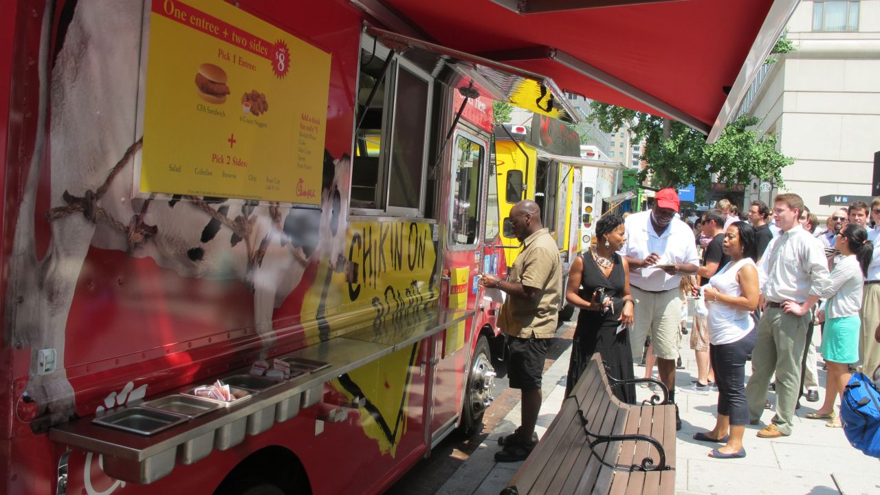 Customers line up at a Chick-fil-A food truck that was targeted by about two dozen protesters last week in Washington.