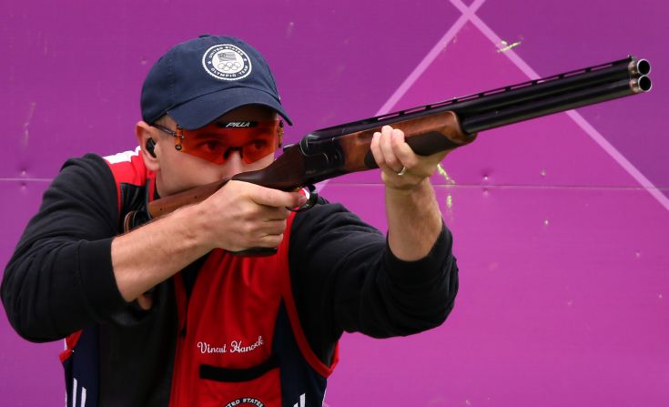 Hancock aims during the men's skeet shooting qualification round Tuesday at the Royal Artillery Barracks in London. The U.S. Army sergeant also won a gold medal in the 2008 Bejing Olympics.