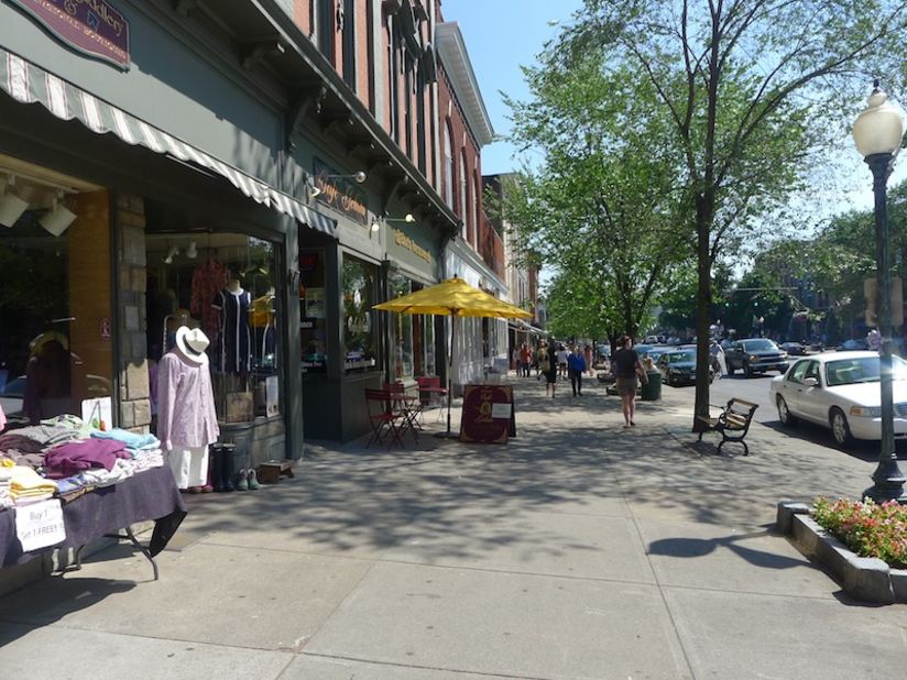 Shopping and restaurants line the streets in downtown Saratoga Springs.