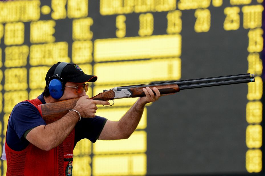 Juan Jose Aramburu of Spain takes aim during the men's skeet shooting qualification round Tuesday.