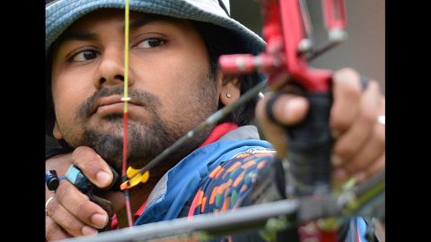 India's Rahul Banerjee competes in the men's individual elimination archery event at Lord's Cricket Ground on Tuesday.