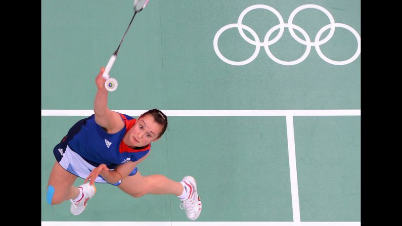 Britain's Susan Egelstaff returns the shuttlecock during a women's singles badminton match Tuesday.