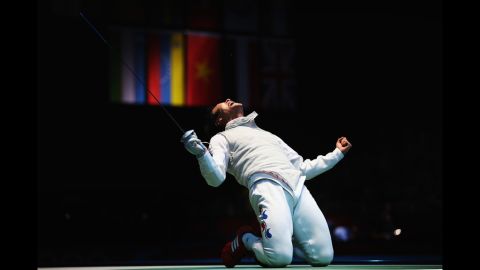 Byungchul Choi of South Korea celebrates winning during the quarterfinals of the men's foil individual.