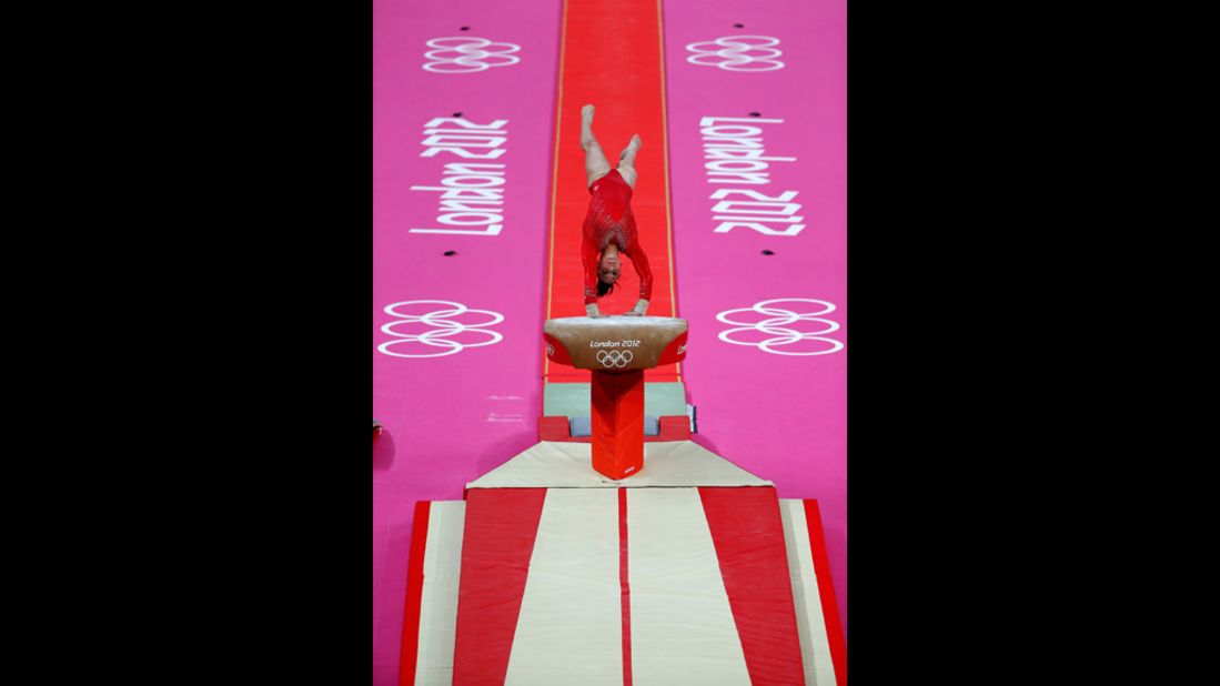 Jordyn Wieber of the United States competes on the vault in the gymnastics women's team final at North Greenwich Arena.