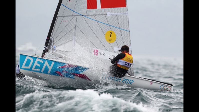 Jonas Hogh-Christensen of Denmark competes in the men's sailing Finn Race at Weymouth Harbor.