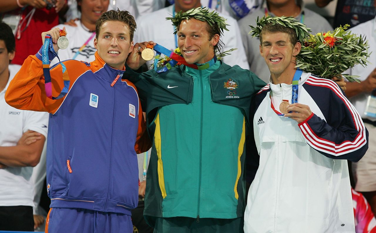 Phelps won six gold and two bronze medals in the 2004 Summer Games in Athens, Greece. Here, he holds a bronze from the 200-meter freestyle.