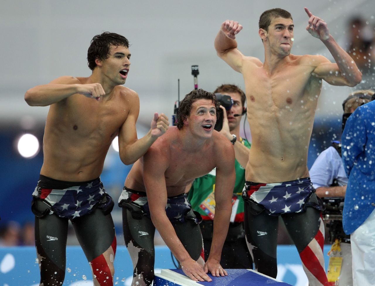 Phelps shouts encouragement to teammates in the 4x200 freestyle in Beijing.