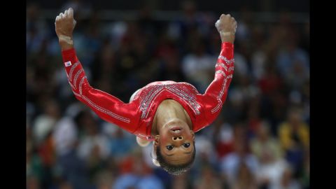 U.S. gymnast Gabrielle Douglas performs on the beam during the women's team final of the gymnastics event.