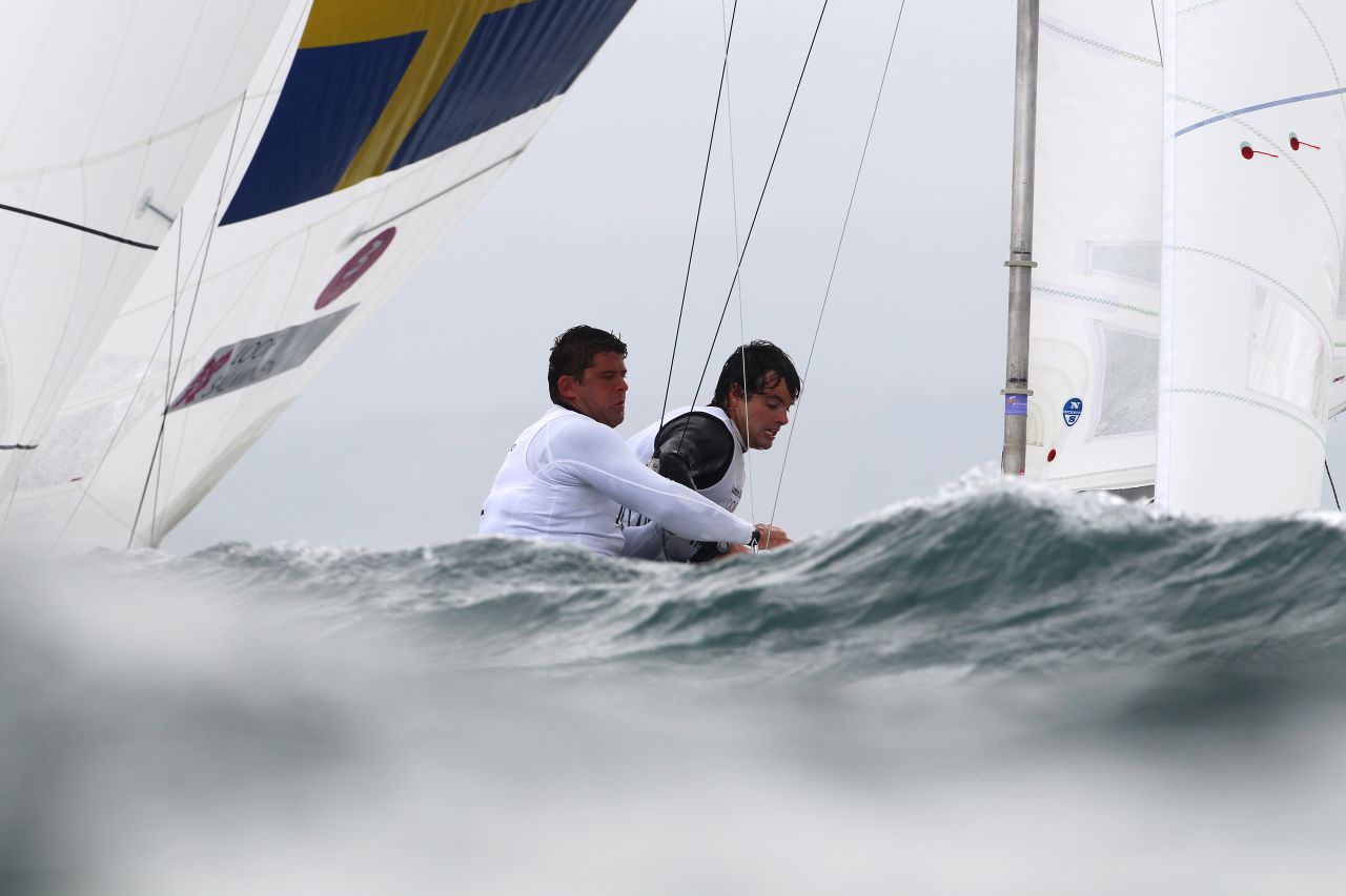 Fredrik Loof and Max Salminen of Sweden compete in the men's star sailing event.
