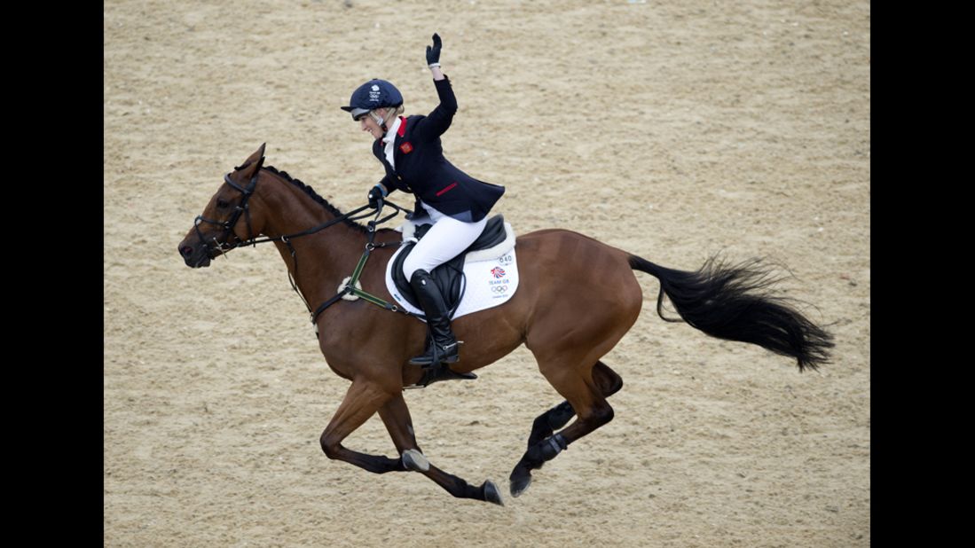 Great Britain's Zara Phillips, riding High Kingdom, reacts after competing in individual eventing.