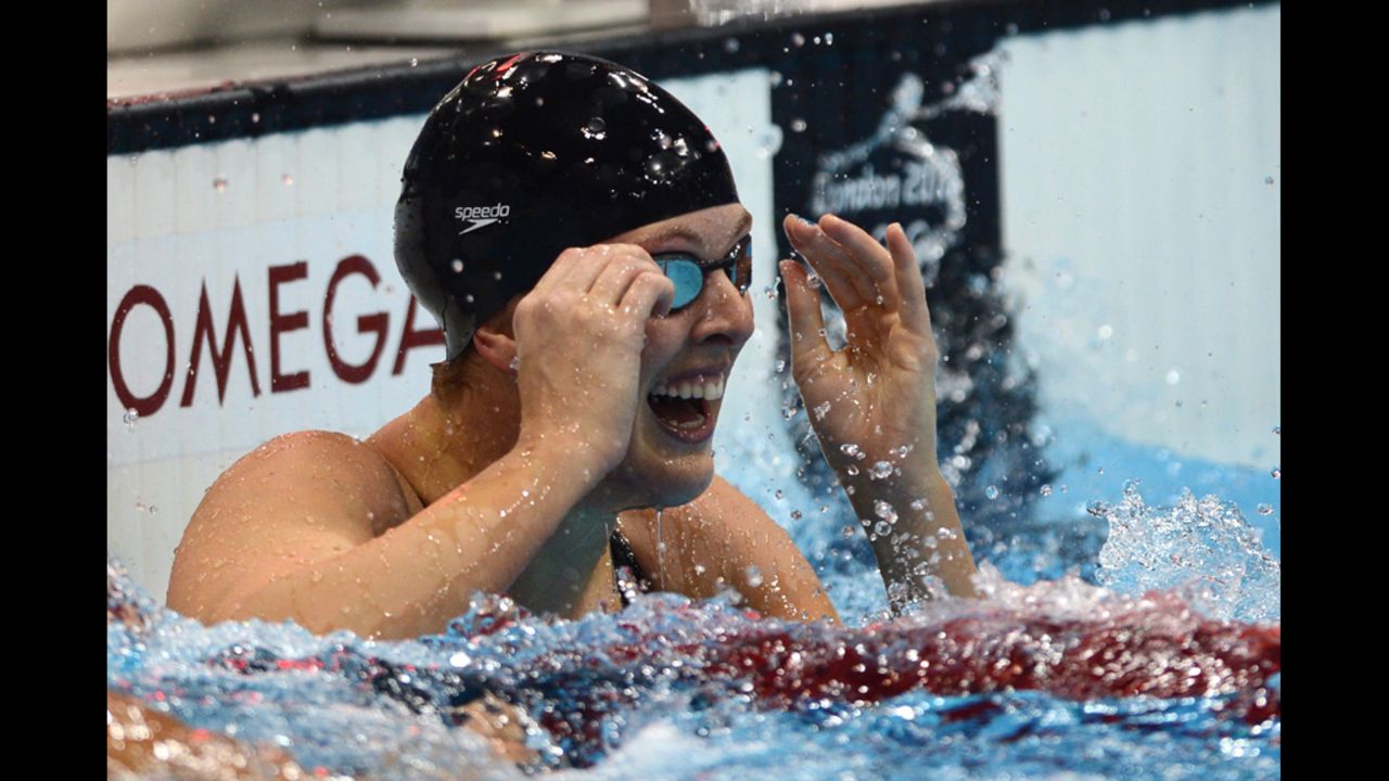 American swimmer Allison Schmitt celebrates after winning the 200-meter freestyle final.