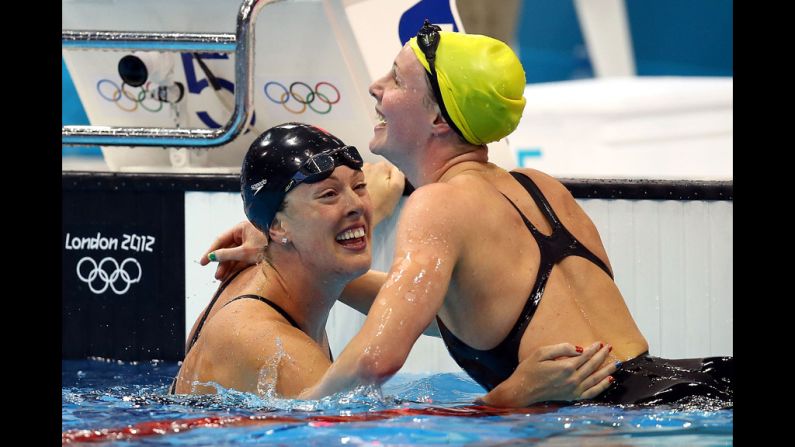 Allison Schmitt, left, is congratulated by Bronte Barratt of Australia after her win.