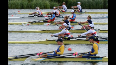 Teams from the Ukraine, Germany, the United States, China, the Netherlands and the Czech Republic compete Tuesday in the women's rowing double sculls in Windsor.