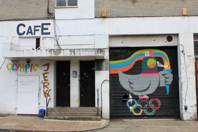 Areas of Shoreditch, Brick Lane, Hackney Road, Broadway Market and Dalston feature work from artists from all over the world - including a few Olympics-inspired pieces. Here is a work by Ronzo.