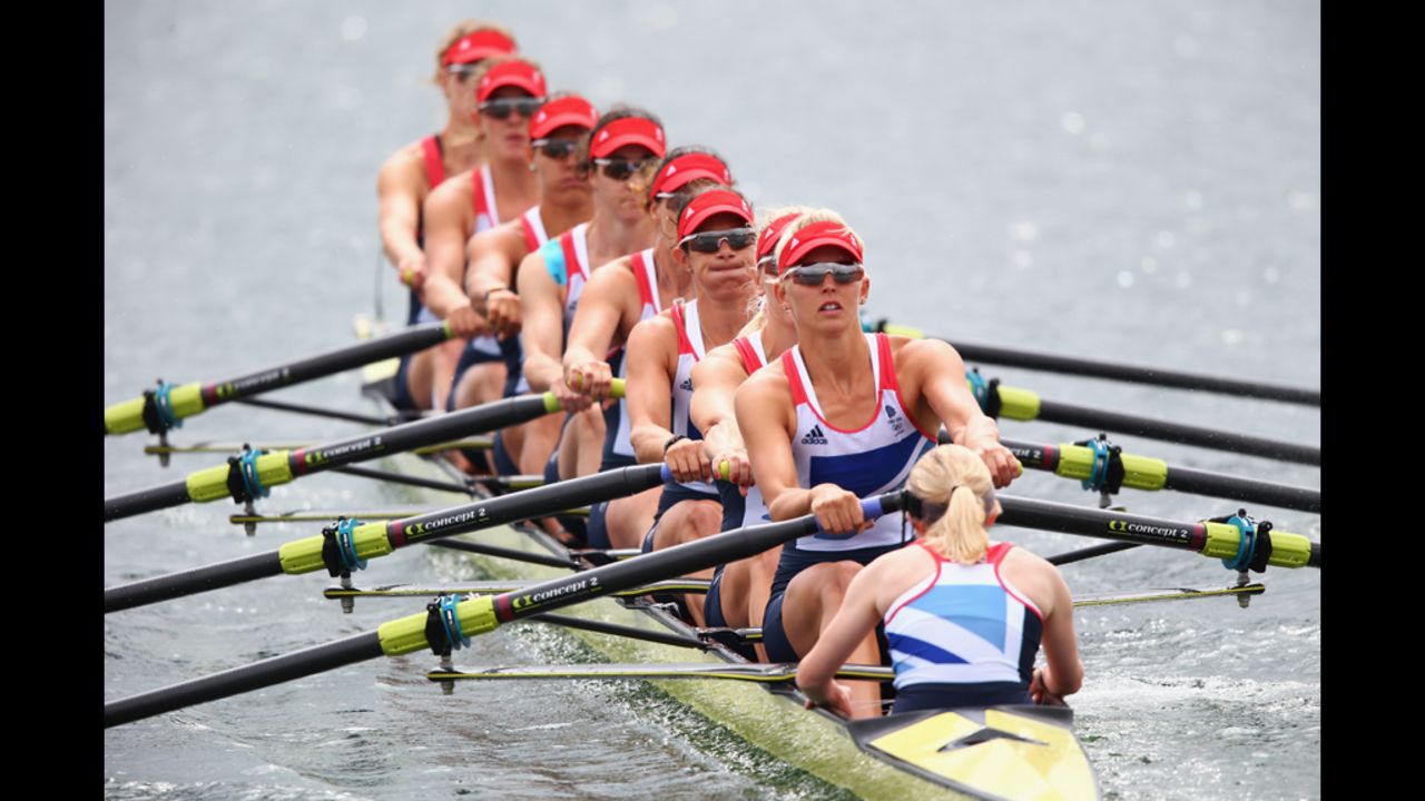 Great Britain competes in the women's eight rowing Tuesday in Windsor, England.