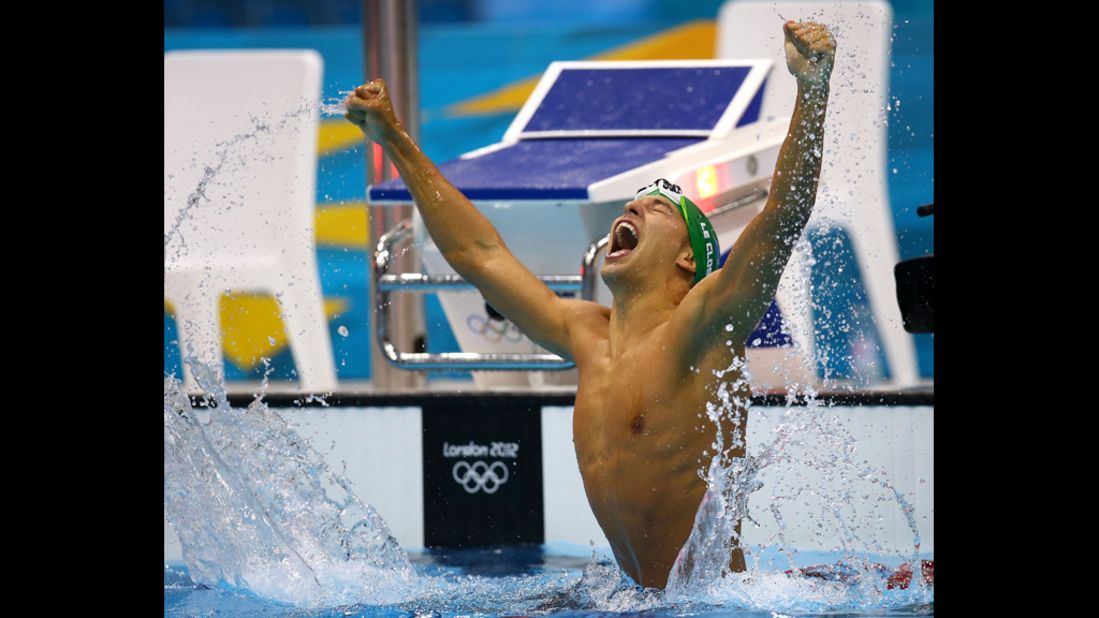 Chad Le Clos of South Africa celebrates after winning the gold in the men's 200-meter butterfly final.