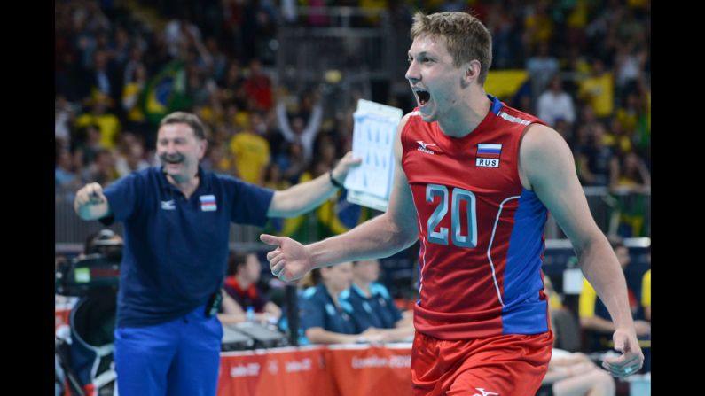 Russia's Alexey Obmochaev reacts in the men's preliminary volleyball match against Brazil.