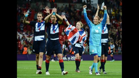 Britain's female football players celebrate their 1-0 win over Brazil.
