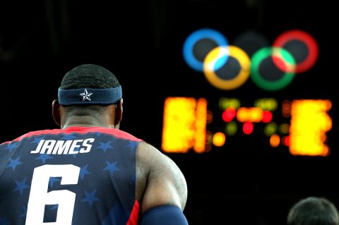 LeBron James of the United States looks on before the game against Tunisia.