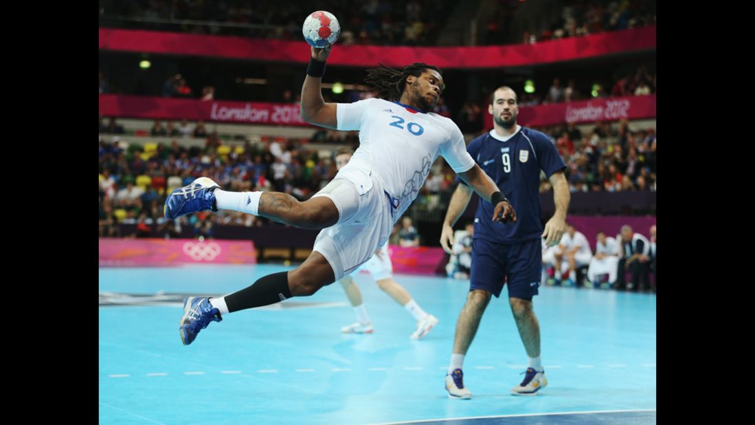 Cedric Sorhaindo of France shoots for goal during the men's handball preliminary match against Argentina.