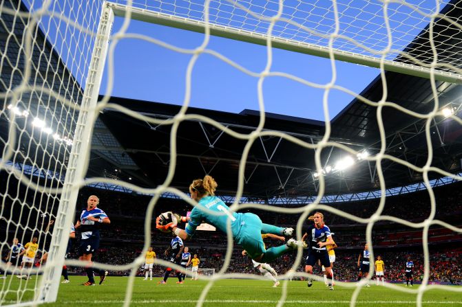 Karen Bardsley of Great Britain makes a save during the women's soccer match against Brazil.