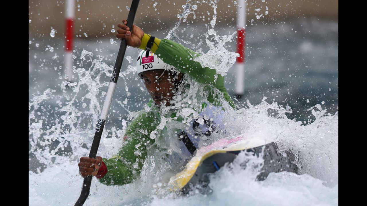 Benjamin Boukpeti of Togo competes in the men's kayak semifinal.