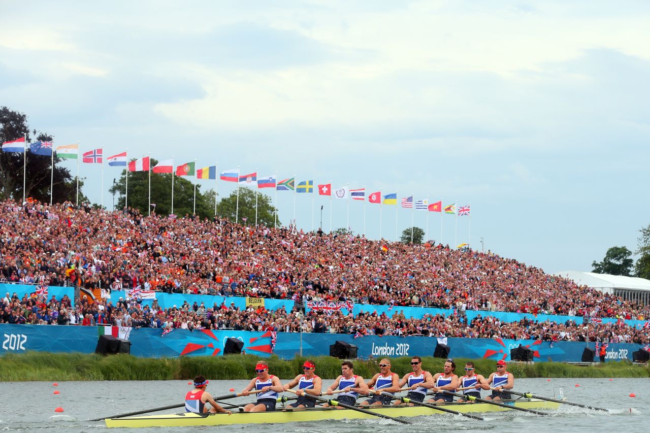 Great Britain's rowing team competes in the men's eight final.