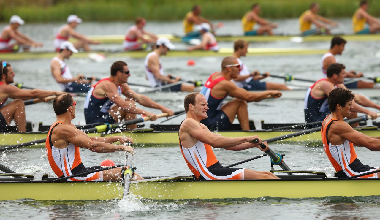 The Netherlands team competes in the men's eight final in Windsor, England.