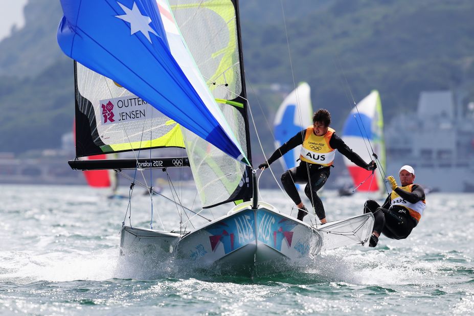 Nathan Outteridge, right, and Iain Jensen of Australia compete in the men's 49er sailing event in Weymouth, England.
