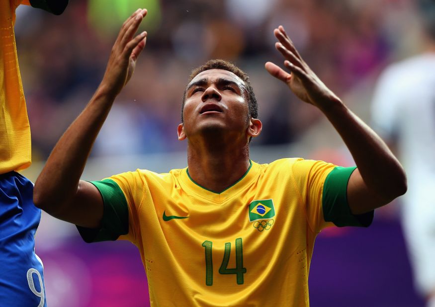 Danilo Luiz Da Silva of Brazil reacts after scoring against New Zealand during the first-round men's soccer match.