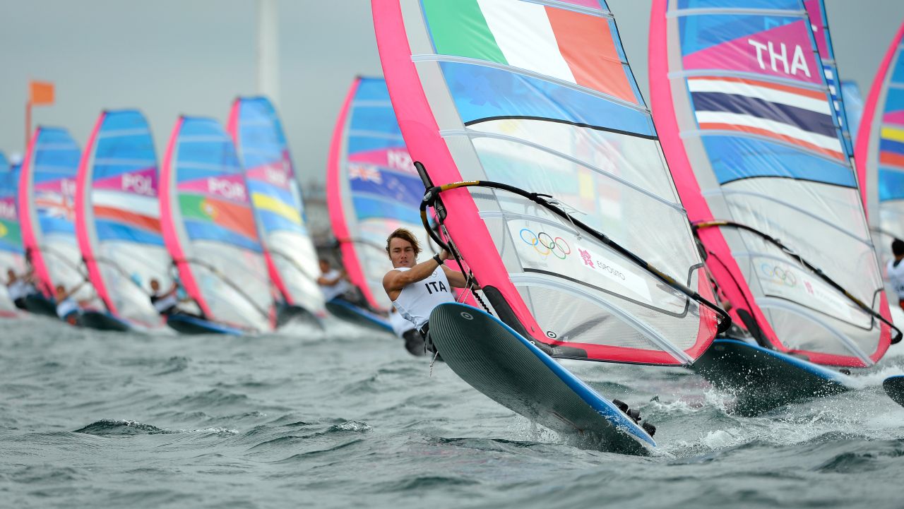 Italy's Federico Esposito leads the fleet in the RS:X sailing class in Weymouth.