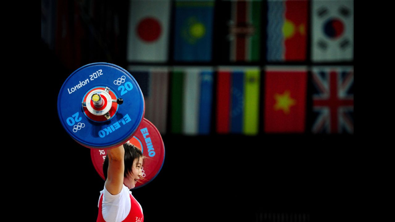 Jong Sim Rim of North Korea competes in the women's 69-kilogram weightlifting event.