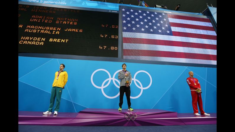 From left, silver medalist James Magnussen of Australia, gold medalist Nathan Adrian of the United States and Brent Hayden of Canada stand with their medals on the podium during the medal cermony for the men's 100-meter freestyle final.