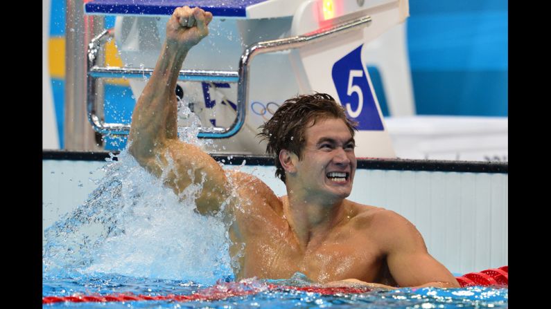 American swimmer Nathan Adrian celebrates after winning the men's 100-meter freestyle final.