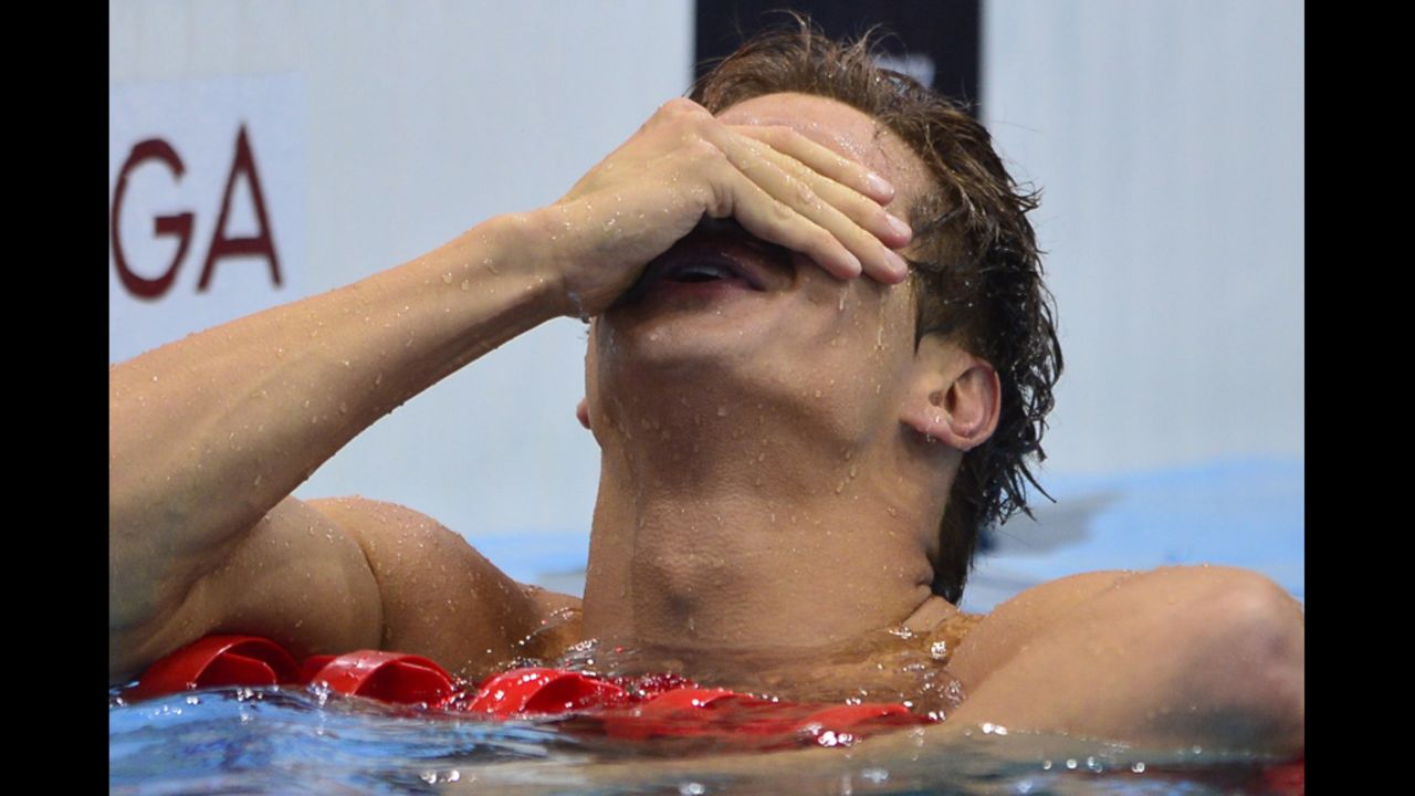 U.S. swimmer Nathan Adrian reacts after winning the men's 100-meter freestyle.