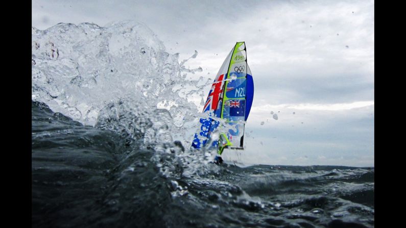 Peter Burling and Blair Tuke of New Zealand take part in the men's 49er sailing competition.