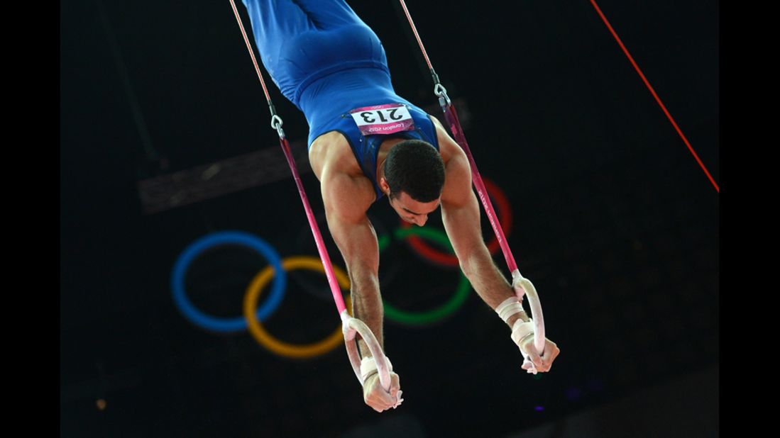 U.S. gymnast Danell Leyva performs on the rings during the nen's individual all-around gymnastics competition.