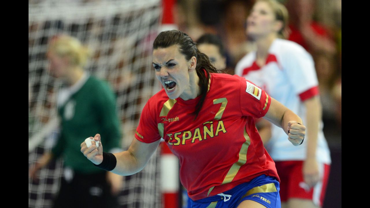 Spain's leftback Beatriz Fernandez Ibanez reacts after a goal during the women's preliminary Group A handball match against Denmark.