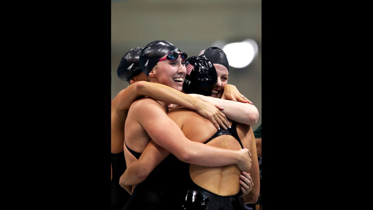 The U.S. team celebrates after winning the 4x200-meter freestyle relay.
