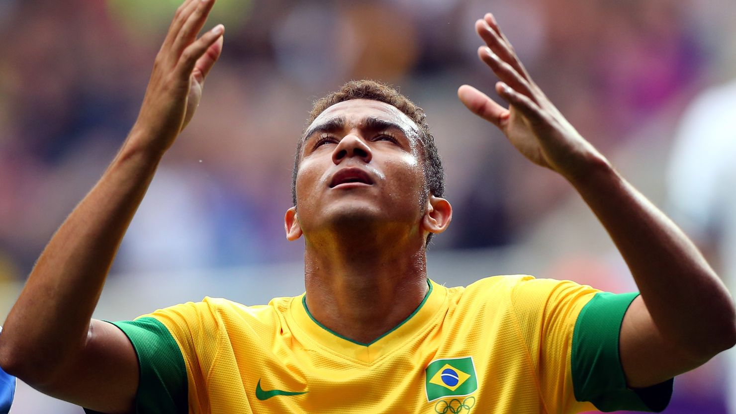 Midfielder Danilo reacts after scoring Brazil's opening goal against New Zealand at St James' Park in Newcastle.
