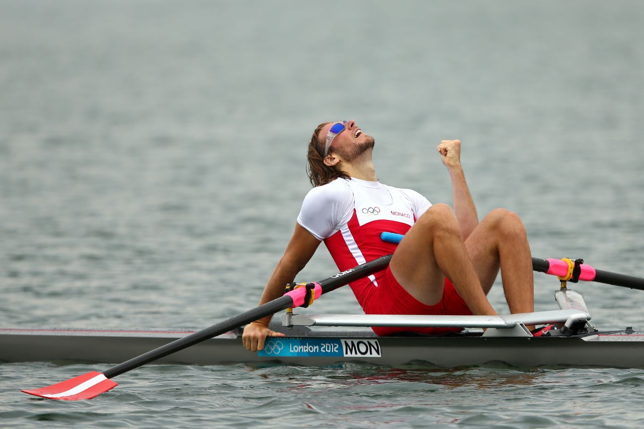 Mathias Raymond of Monaco reacts during the men's single sculls competition on Wednesday. 