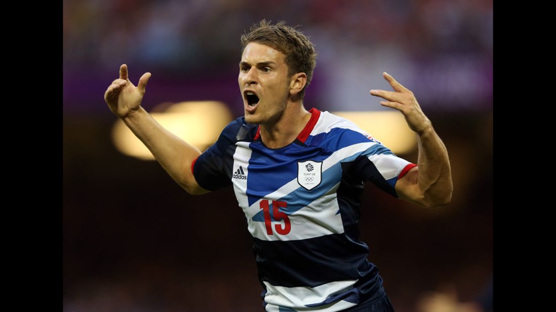 Aaron Ramsey of Great Britain reacts during the men's football first round group A match against Uruguay in Cardiff.