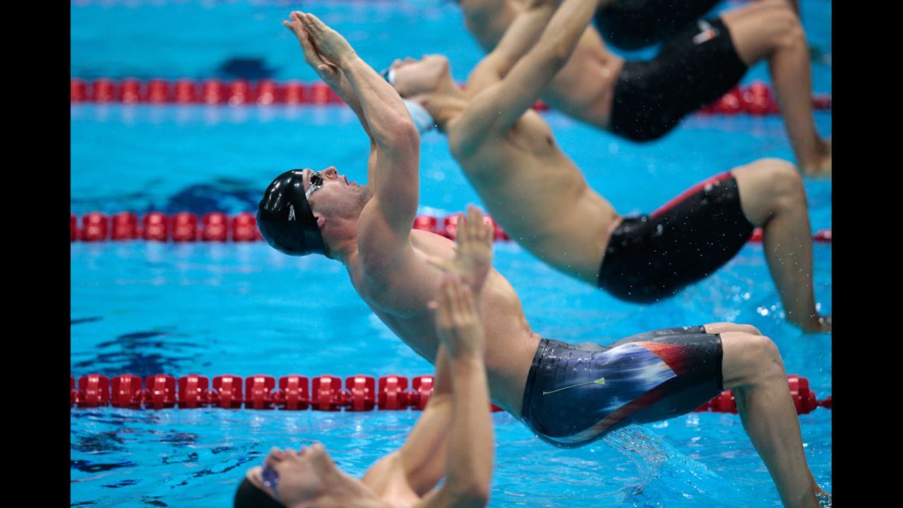 Tyler Clary of the United States pushes off of the block at the start of the second semifinal heat of the men's 200-meter backstroke.