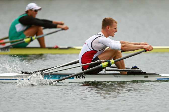 Henrik Stephansen of Denmark rows in the men's single sculls semi-final meet on Wednesday.