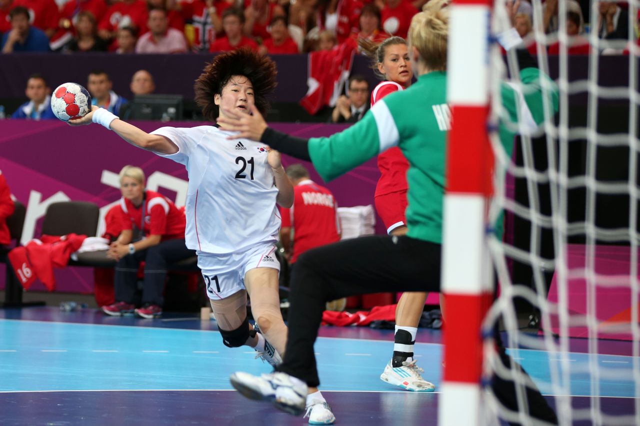 Hyobi Jo of Korea takes a shot at goal against Norway in the women's preliminaries group B handball match Wednesday. Check out photos of<a href="http://www.cnn.com/2012/08/02/worldsport/gallery/olympics-day-six/index.html" target="_blank"> day six of the competition</a> from Thursday, August 2.