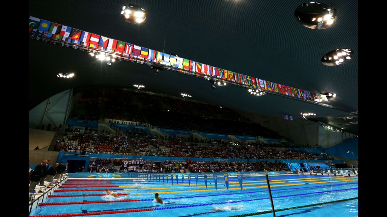 A general view of the pool during the night session of swimming at the Aquatics Centre in London.