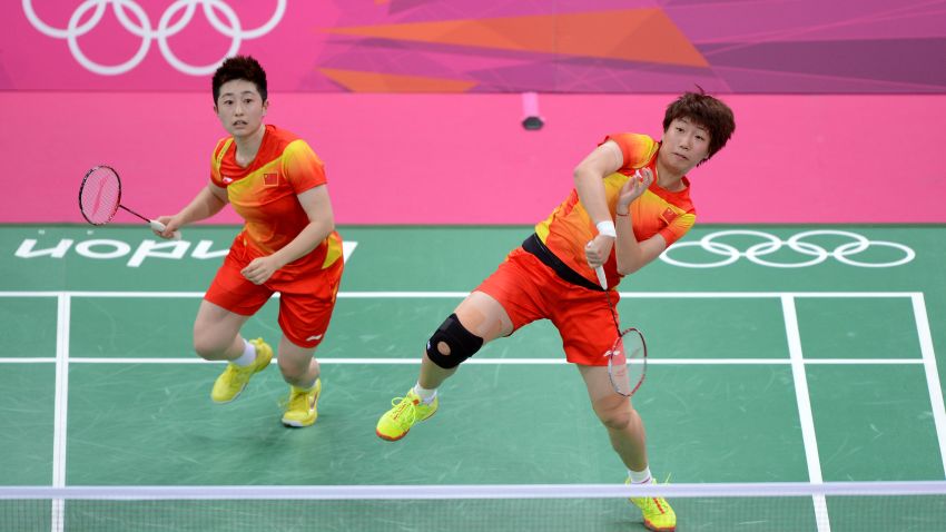 LONDON, ENGLAND - JULY 28:  Yang Yu (L) and Xiaoli Wang (R) of China returns a shot against Michele Li and Alex Bruce of Canada during their Women's Doubles Badminton on Day 1 of the London 2012 Olympic Games at Wembley Arena on July 28, 2012 in London, England.  (Photo by Michael Regan/Getty Images)