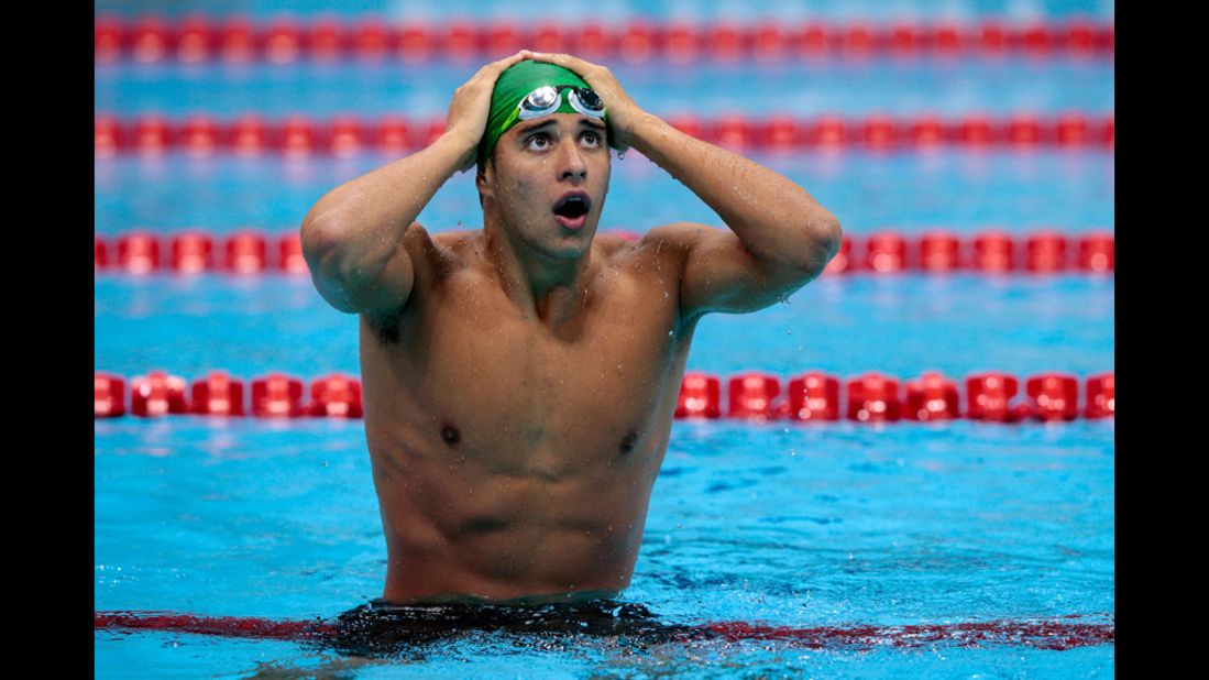 Chad Le Clos of South Africa reacts after winning the gold in the men's 200-meter butterfly final.